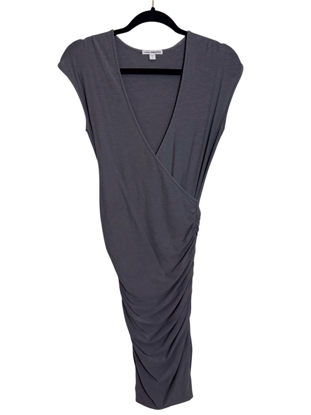 Standard James Perse Size 1 Small Gray Ruched Wrap Dress Knee Length Minimalist